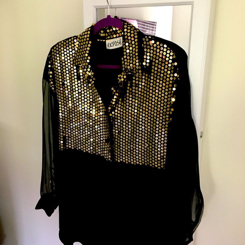 Fancy black and gold blouse. Rayon XL.  Only worn once.  Fun for a night out